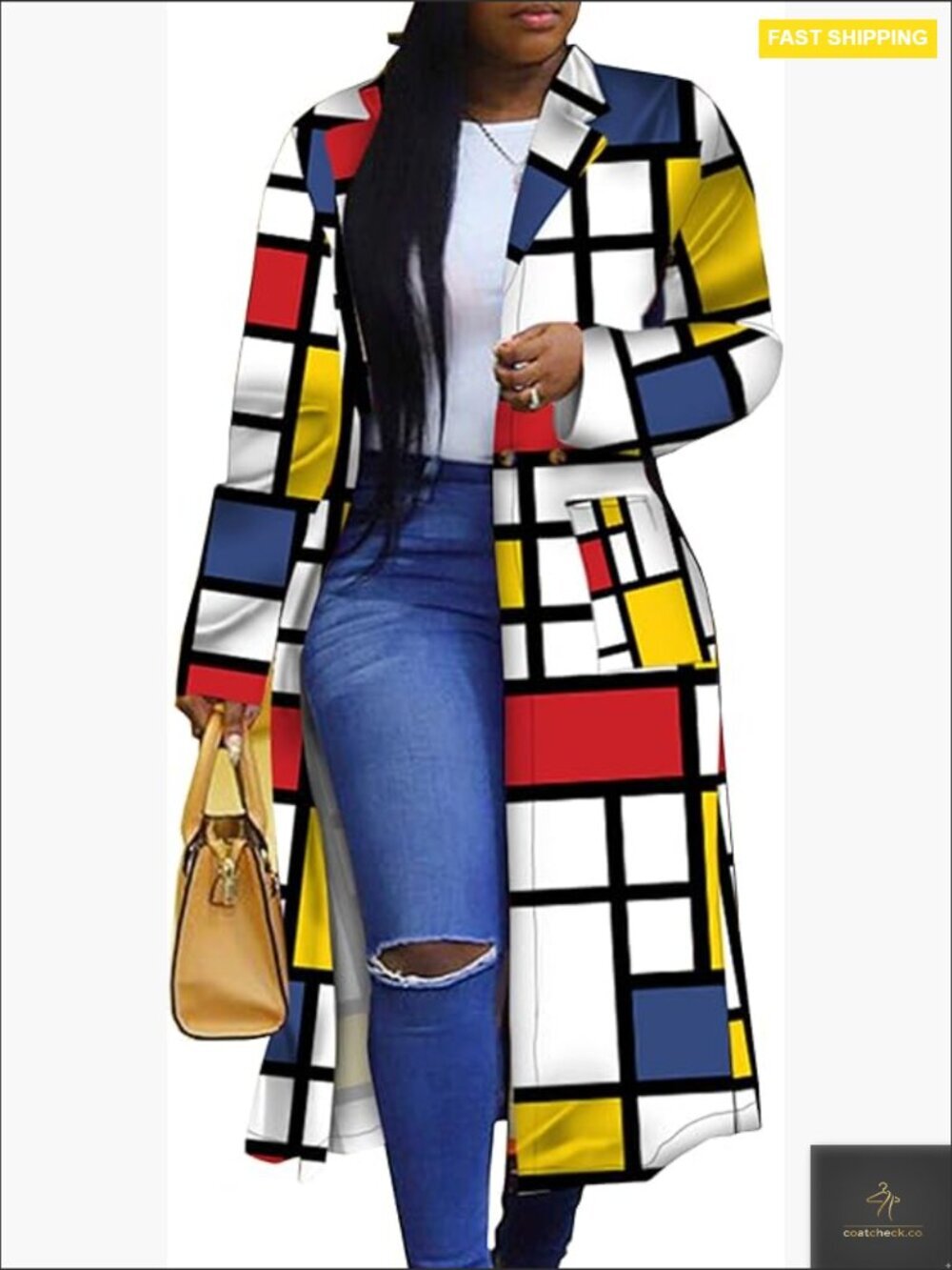 Geometric Print Trench Coat Double Breasted Modern Fitted Long Sleeve Outerwear